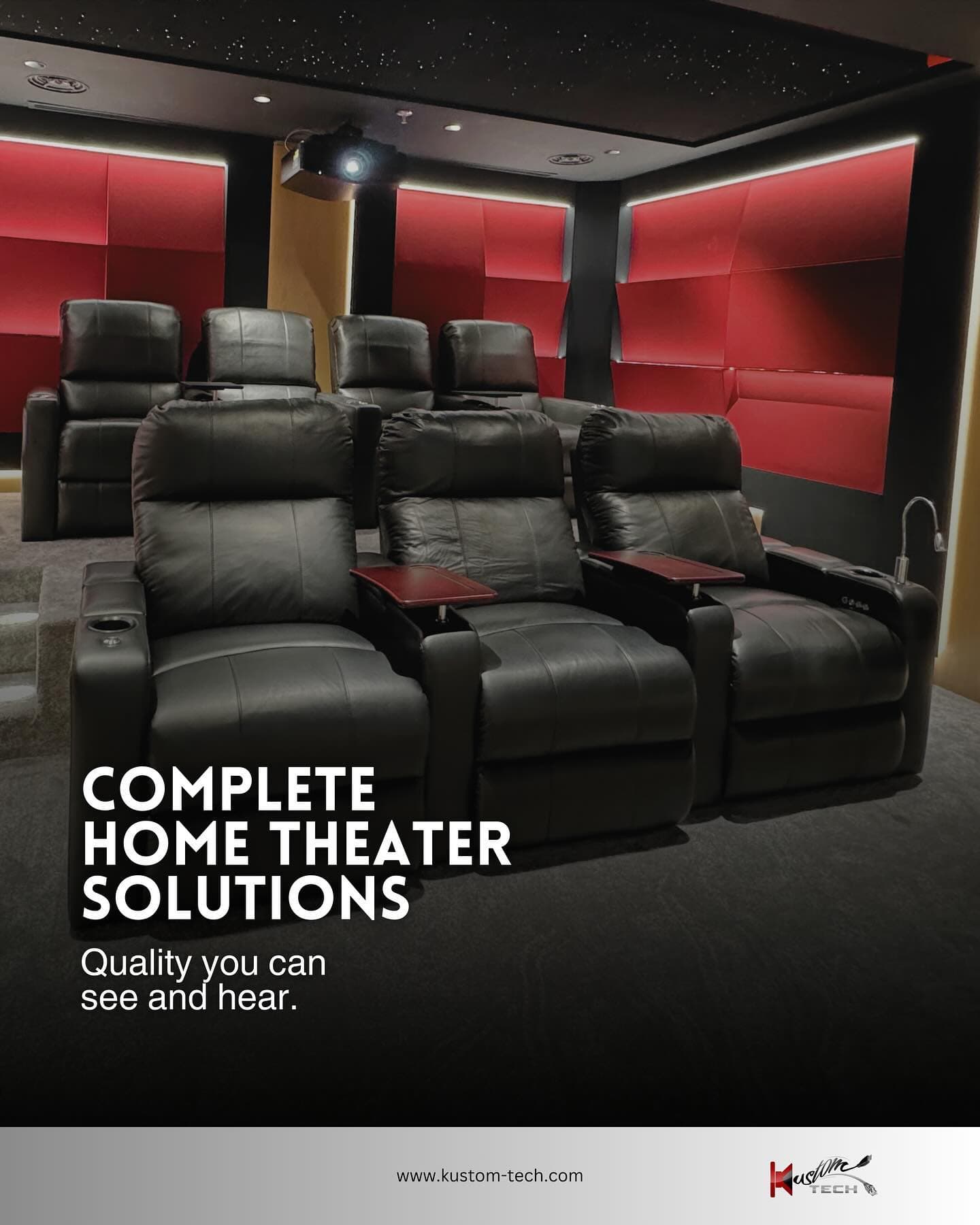 Complete home theater seating solution with acoustic wall panels