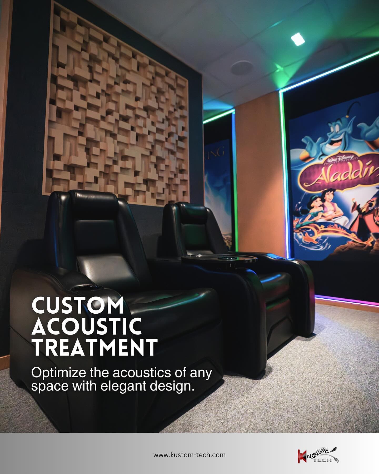 Custom acoustic treatment panels in a themed home theater